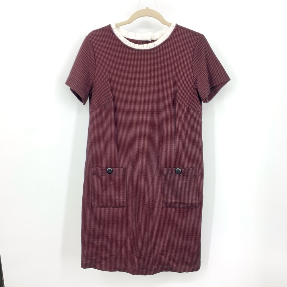 LOFT Ann Taylor Dress Women Size 6 Medium Red Black Houndstooth Ruffle Shift